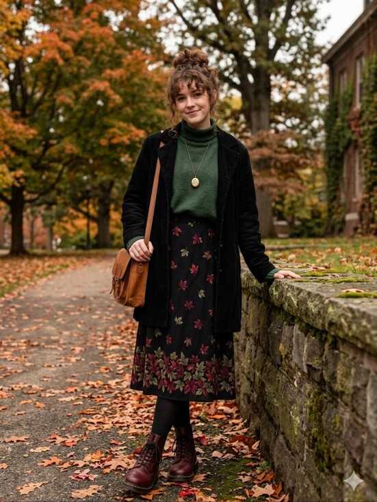 dressbarn Dresses & Skirts - Vintage 90s Whimsigoth Dark Academia Dressbarn Fall Leaf Print A-Line Midi Skirt